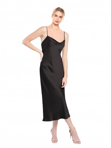 Cheapest Stretch Satin A-Line Midi Length Sleeveless Low Back Black Prom Dresses Canada
