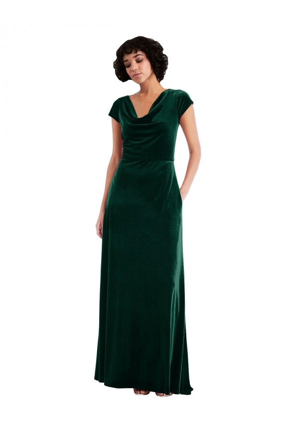 Cheapest Stretch Velvet A-Line Long Cap Sleeves Black Tie Evening Dress Canada