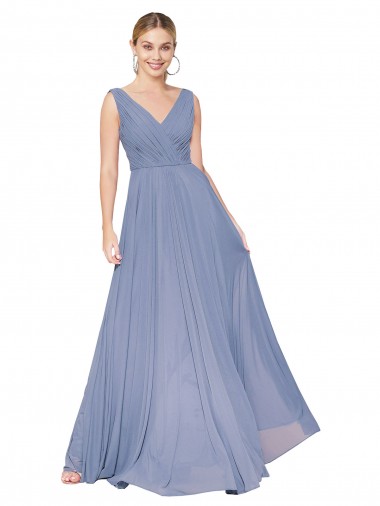 Cheapest Soft Chiffon A-Line Long Sleeveless V-Back Dusty Blue Prom Dresses Canada