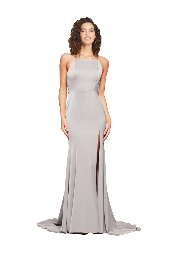 Cheapest Stretch Satin A-Line Sweep Train Sleeveless Low Back Formal Evening Dress Canada
