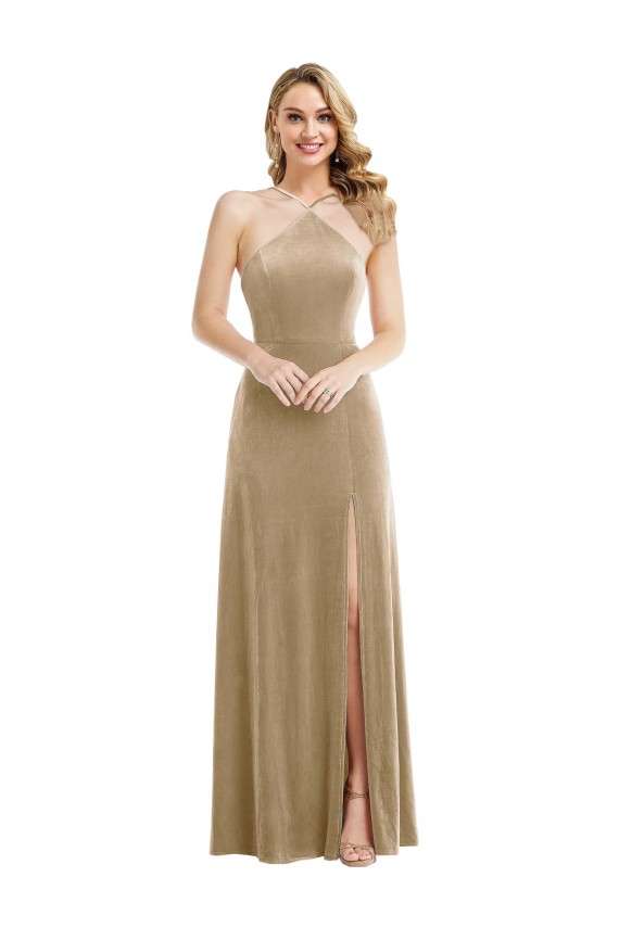 Cheapest Stretch Velvet A-Line Long Sleeveless Open Back Semi Formal Evening Dress Canada