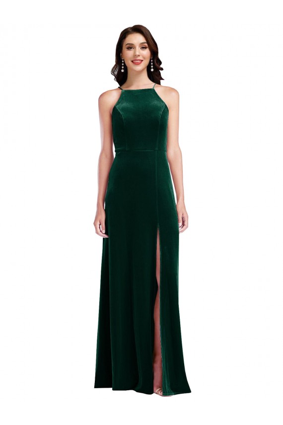 Cheapest Stretch Velvet A-Line Long Sleeveless Front Slit Prom Dresses Canada