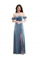 Cheapest Stretch Velvet A-Line Long Ruffle Sleeves Low Back Formal Dress Canada