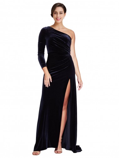 Cheapest Stretch Velvet A-Line Sweep Train Long Sleeves Formal Evening Dress Canada