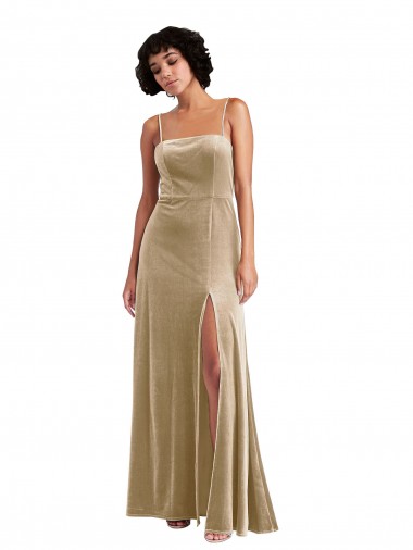 Cheapest Stretch Velvet A-Line Long Sleeveless Low Back Front Slit Prom Dresses Canada