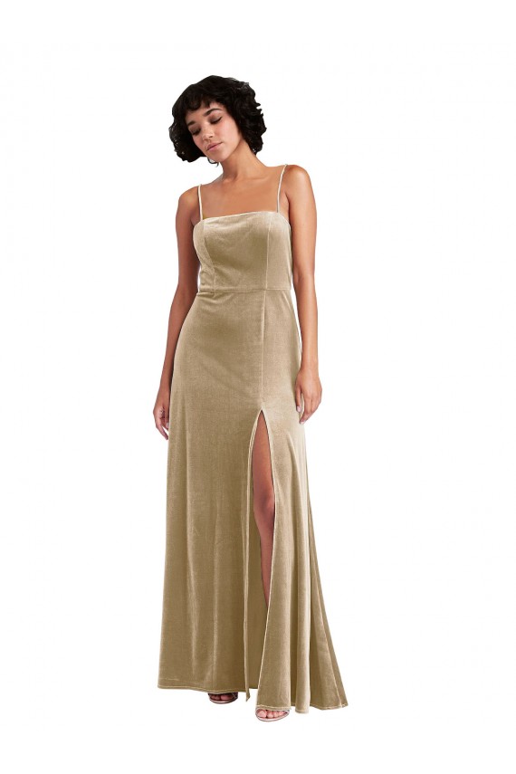 Cheapest Stretch Velvet A-Line Long Sleeveless Low Back Front Slit Prom Dresses Canada