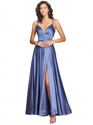 Cheapest Silky Satin A-Line Long Sleeveless Low Back High Slit Prom Dresses Canada