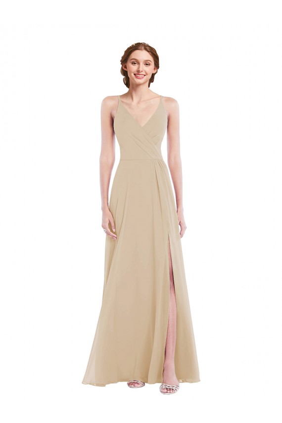 Cheapest Soft Chiffon A-Line Long Sleeveless Criss Cross Back Champagne Evening Dresses Canada