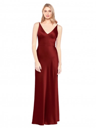 Cheapest Stretch Satin A-Line Long Sleeveless V-Back Burgundy Prom Dresses Canada