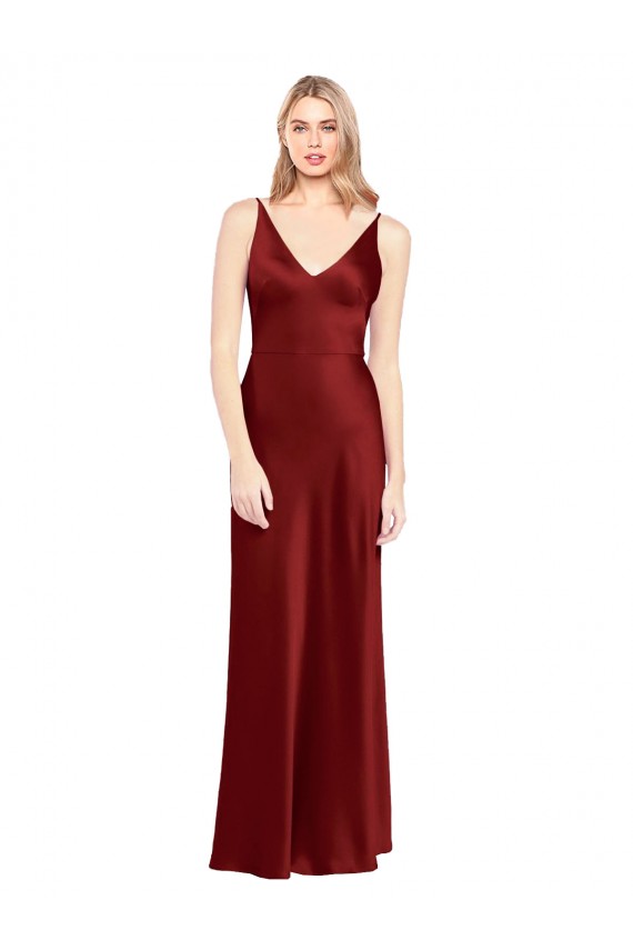 Cheapest Stretch Satin A-Line Long Sleeveless V-Back Burgundy Prom Dresses Canada