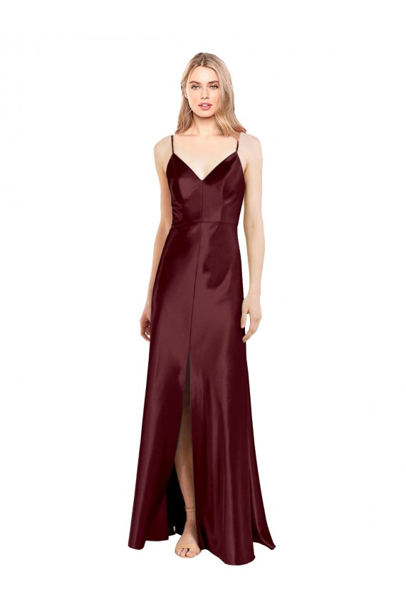 Cheapest Stretch Satin A-Line Long Sleeveless Center Front Slit Prom Dresses Canada