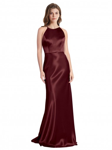Cheapest Stretch Satin A-Line Long Sleeveless Burgundy Gold Prom Dresses Canada