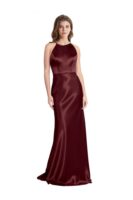 Cheapest Stretch Satin A-Line Long Sleeveless Burgundy Gold Prom Dresses Canada