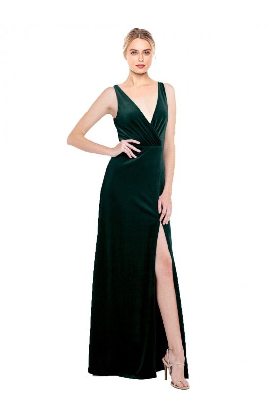 Cheapest Stretch Velvet A-Line Long Sleeveless V-Back Black Tie Evening Dress Canada