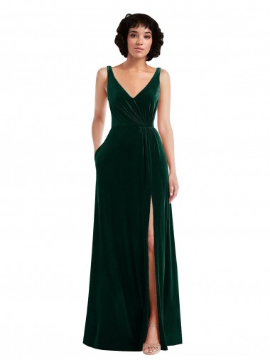 Cheapest Stretch Velvet A-Line Long Sleeveless V-Back Front Slit Prom Dresses Canada