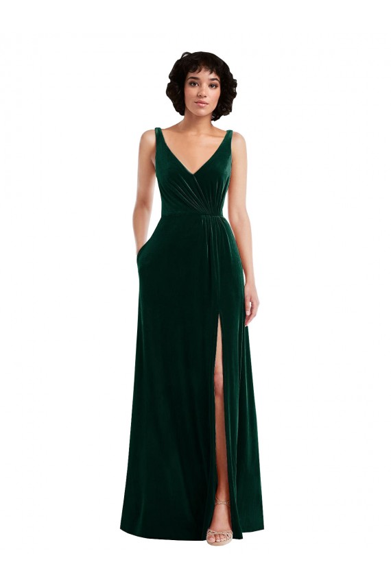 Cheapest Stretch Velvet A-Line Long Sleeveless V-Back Front Slit Prom Dresses Canada