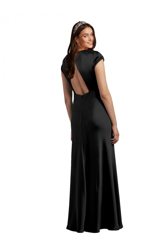 Cheapest Stretch Satin A-Line Long Cap Sleeves Keyhole Back Formal Evening Dress Canada
