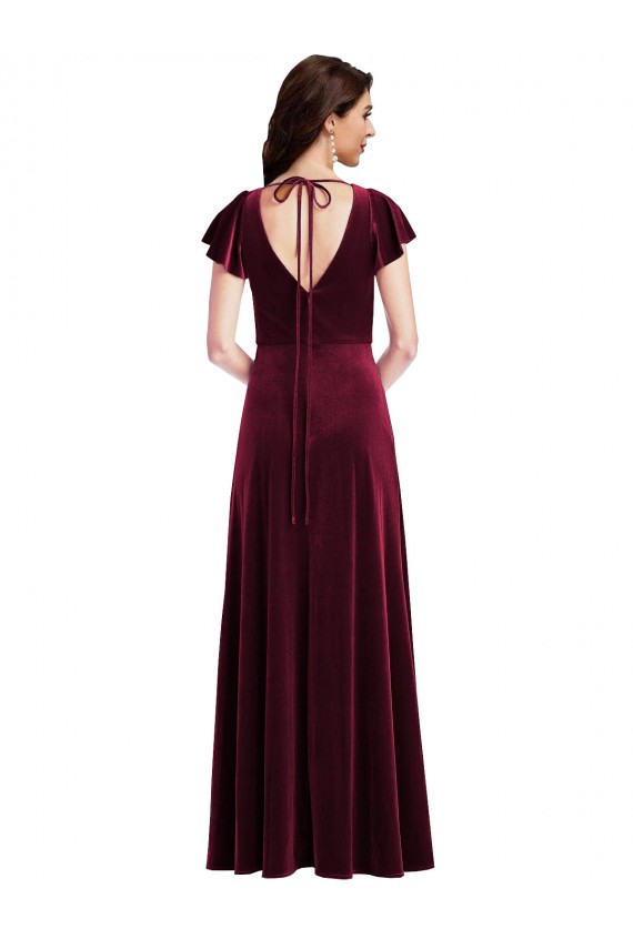 Cheapest Stretch Velvet A-Line Long Flutter Sleeves Semi Formal Evening Dress Canada