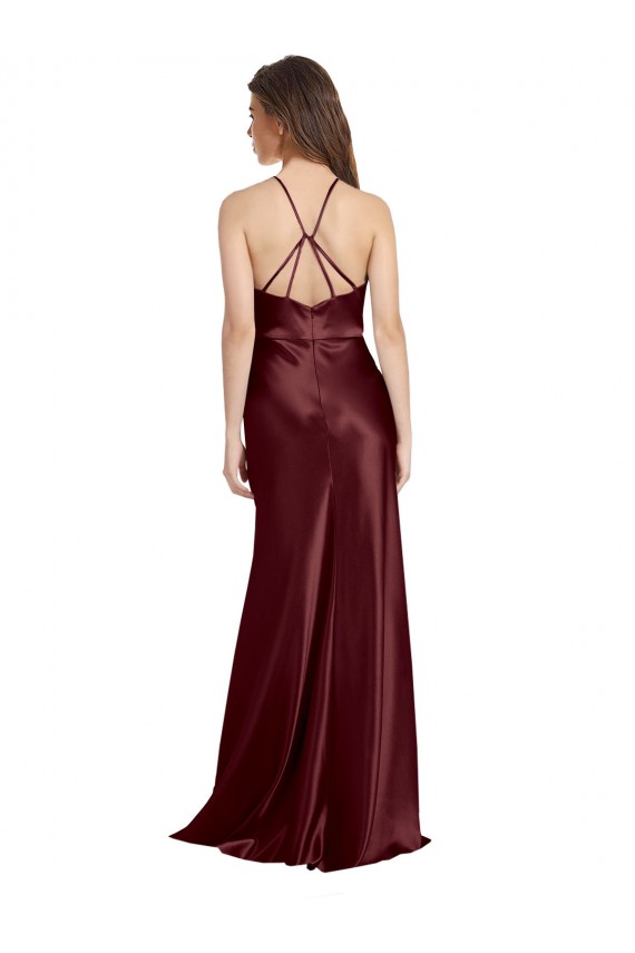 Cheapest Stretch Satin A-Line Long Sleeveless Burgundy Gold Prom Dresses Canada