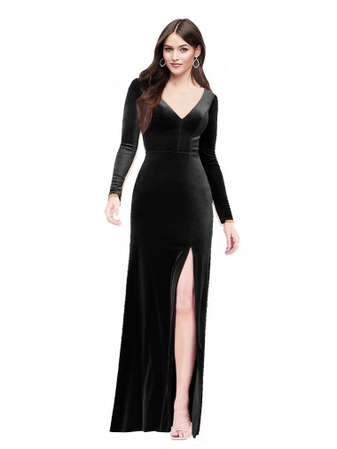 Cheapest Stretch Velvet Column Long Long Sleeves V-Back Formal Evening Dress Canada
