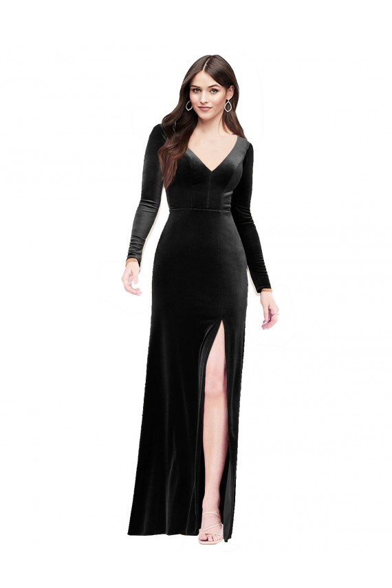 Cheapest Stretch Velvet Column Long Long Sleeves V-Back Formal Evening Dress Canada