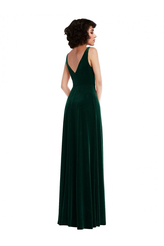 Cheapest Stretch Velvet A-Line Long Sleeveless V-Back Front Slit Prom Dresses Canada