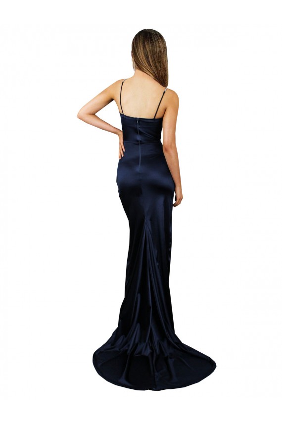 Cheapest Stretch Satin Mermaid Long Sleeveless Dark Navy Prom Dresses Canada