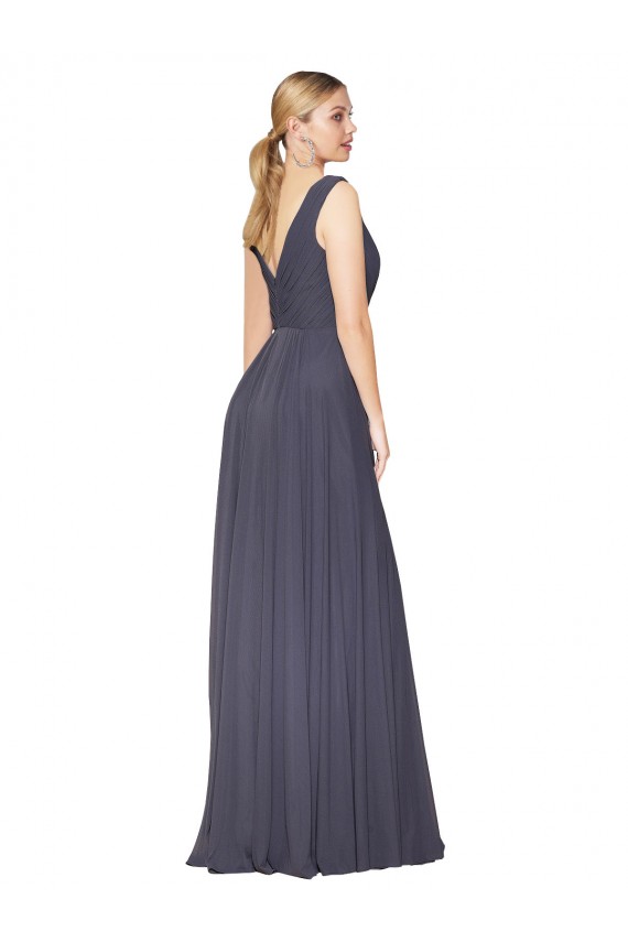 Cheapest Soft Chiffon A-Line Long Sleeveless V-Back Dusty Blue Prom Dresses Canada