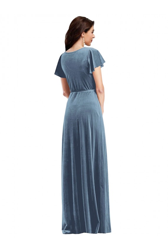Cheapest Stretch Velvet A-Line Long Flutter Sleeves Black Tie Evening Dress Canada