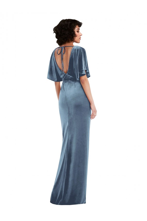 Cheapest Stretch Velvet Sheath Long Flutter Sleeves Open Back Semi Formal Evening Dress Canada