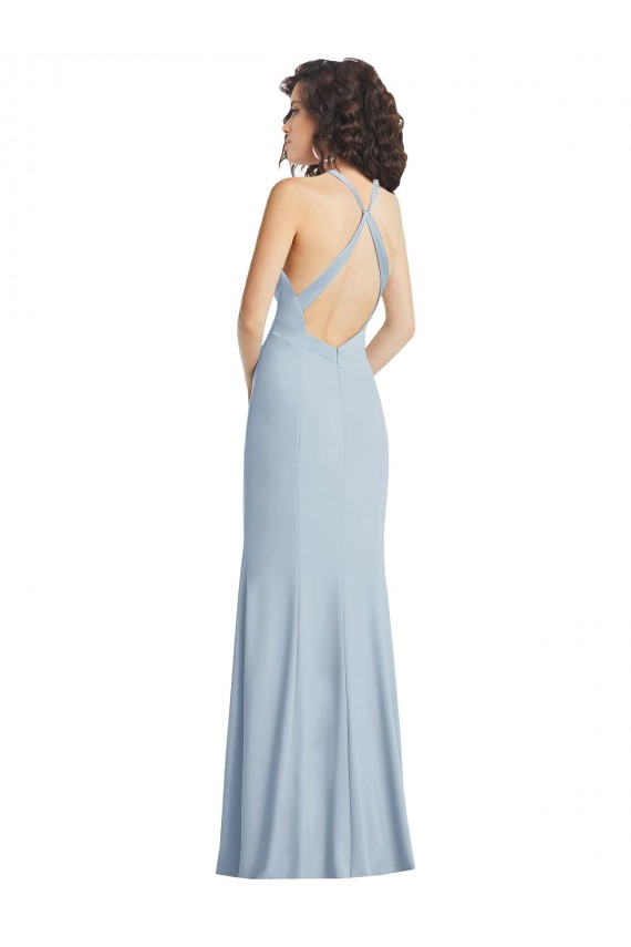 Cheapest Stretch Crepe Trumpet Long Sleeveless Criss Cross Back Light Sky Blue Prom Dresses Canada