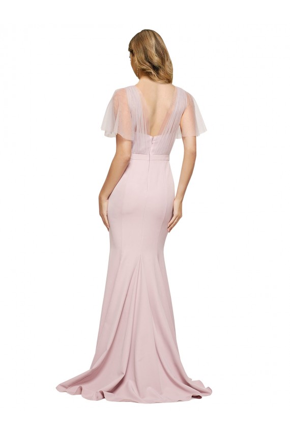 Cheapest Stretch Crepe & Tulle Sheath Short Sleeves Long Low Back Formal Evening Dress Canada