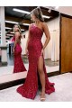 Cheapest Velvet Sequin Mermaid Sweep Train Sleeveless High Slit Evening Dress Canada