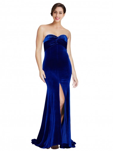 Cheapest Stretch Velvet Mermaid Sweep Train Sleeveless Low Back Front Slit Prom Dresses Canada