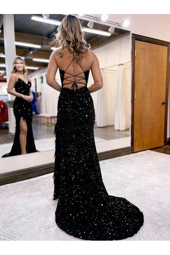 Cheapest Velvet Sequin Sheath Sweep Train Sleeveless V-Neck Long Evening Dress Canada