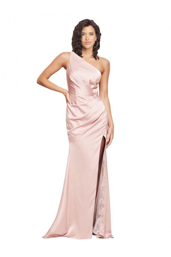 Cheapest Silky Satin Sheath Long Sleeveless Low Back High Slit Prom Dresses Canada