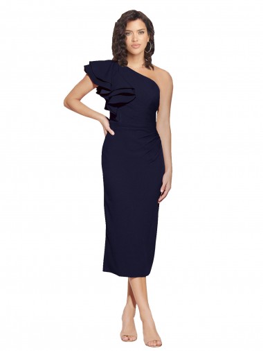Cheapest Stretch Crepe Sheath Midi Length Sleeveless Dark Navy Prom Dresses Canada
