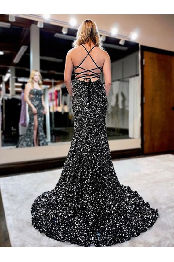 Cheapest Velvet Sequin Sheath Sweep Train Sleeveless Spaghetti Straps Evening Gown Canada