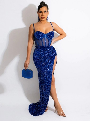 Cheapest Velvet Sequin Sheath Sweep Train Sleeveless Spaghetti Straps Long Evening Dress Canada
