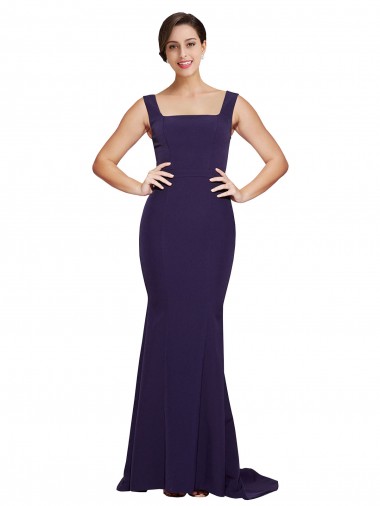 Cheapest Stretch Crepe Sheath Sweep Train Sleeveless Dark Navy Prom Dresses Canada