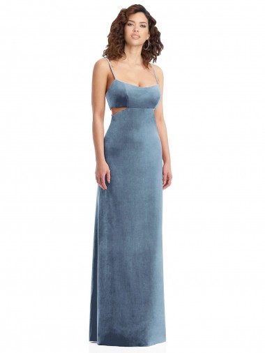 Cheapest Stretch Velvet Sheath Long Sleeveless Low Back Dusty Blue Prom Dresses Canada