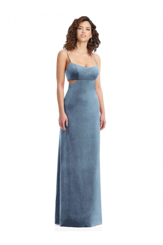 Cheapest Stretch Velvet Sheath Long Sleeveless Low Back Dusty Blue Prom Dresses Canada