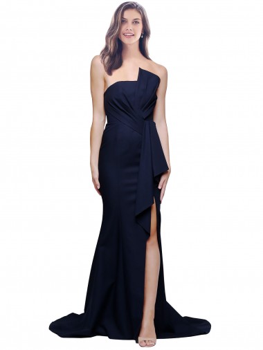 Cheapest Stretch Crepe Sheath Sweep Train Sleeveless Low Back Dark Navy Prom Dresses Canada