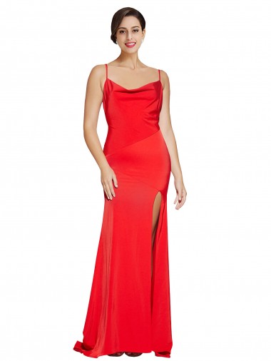Cheapest Stretch Satin Sheath Long Sleeveless Low Back High Side Slit Prom Dresses Canada