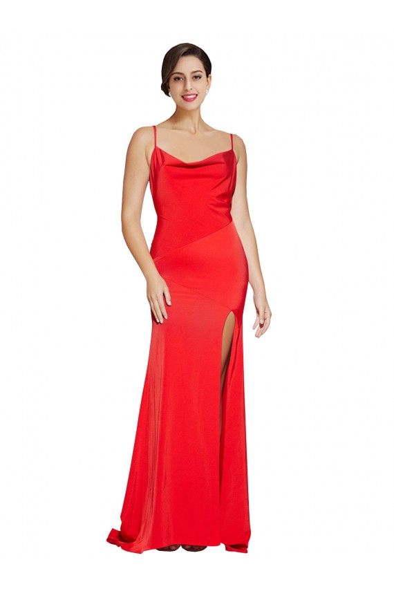 Cheapest Stretch Satin Sheath Long Sleeveless Low Back High Side Slit Prom Dresses Canada
