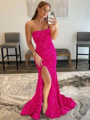 Cheapest Velvet Sequin Sheath Sweep Train Sleeveless High Side Slit Prom Dress Canada