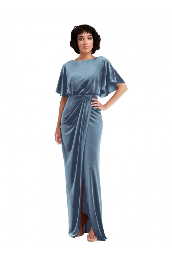 Cheapest Stretch Velvet Sheath Long Flutter Sleeves Open Back Semi Formal Evening Dress Canada