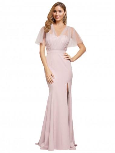 Cheapest Stretch Crepe & Tulle Sheath Short Sleeves Long Low Back Formal Evening Dress Canada