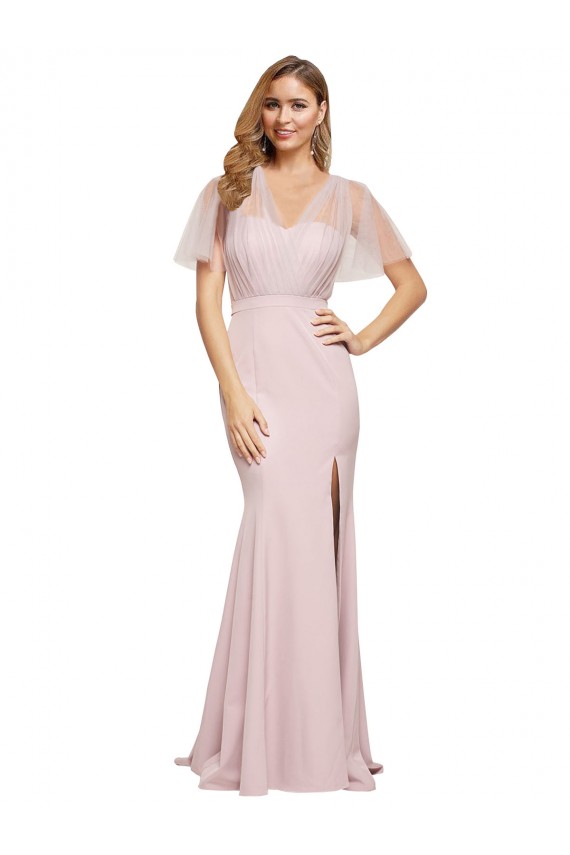Cheapest Stretch Crepe & Tulle Sheath Short Sleeves Long Low Back Formal Evening Dress Canada
