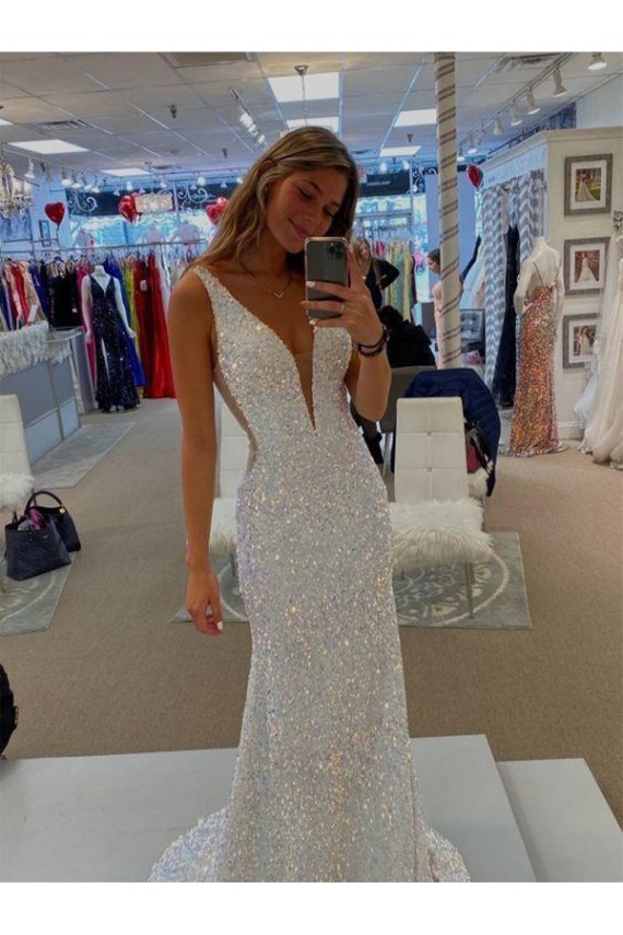 Cheapest Velvet Sequin Sheath Sweep Train Sleeveless V-Neck Evening Dress Canada